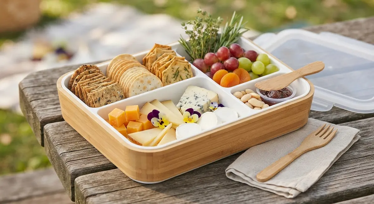 Simple Cheese Cubes, Crackers & Fruit Bento Box